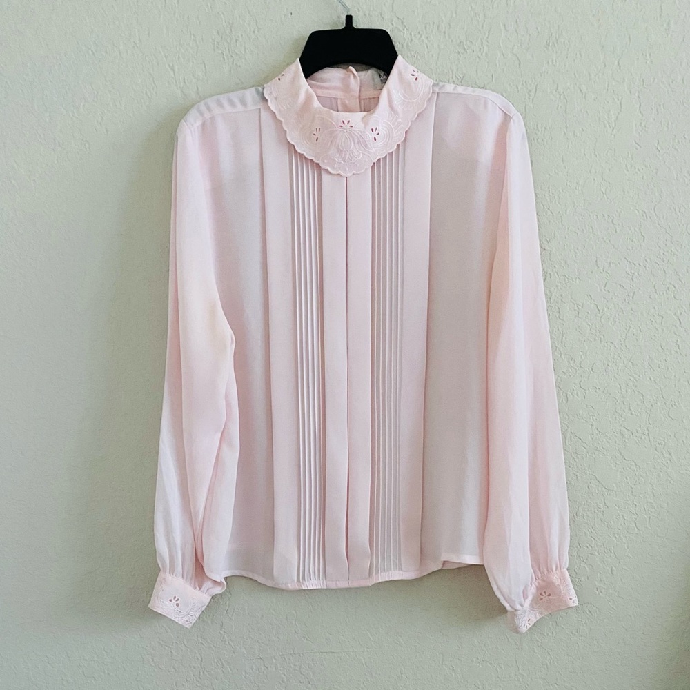 Vintage Karen Scott Blush Pink Chiffon Ballet High Collar Chiffon Blouse Size 10